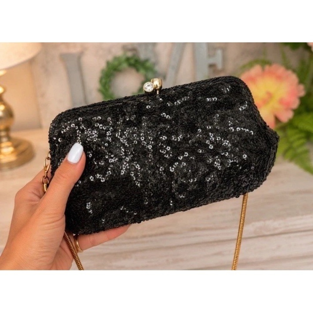 Vtg Magid Black Beaded Clutch Evening Purse Bag Made in Japan With 2 Side Mirror